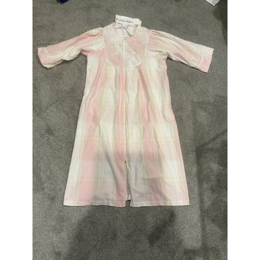 MISS ELAINE XL Seersucker Nightgown Housecoat Robe Stripe Full Zip Embroidered